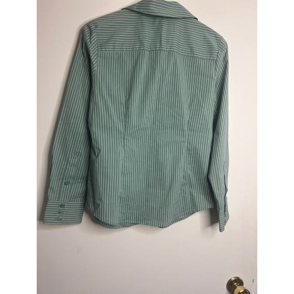 Worthington Women Top SP White Green Striped Button Front Long Sleeve Shirt - Picture 4 of 6